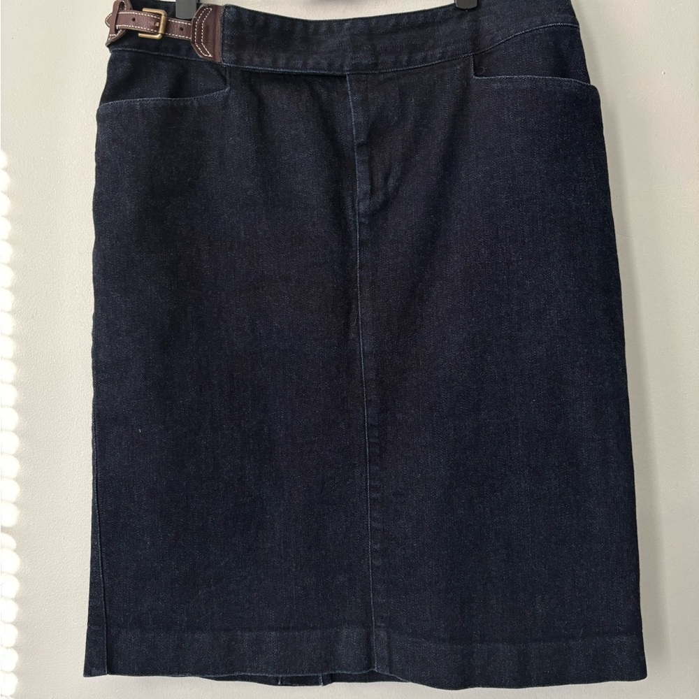 Vintage Denim Ralph Lauren Preppy Navy Blue Pencil Leather Midi Skirt - Large